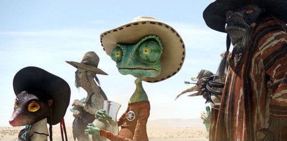 Rango and his townspeople searching through the desert